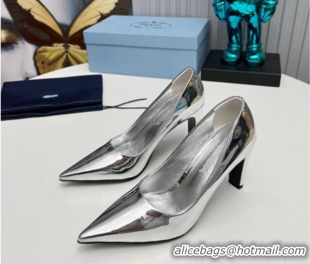 Popular Style Prada Brushed Leather Pumps 8.5cm Silver 118005