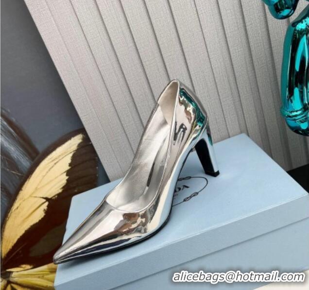 Popular Style Prada Brushed Leather Pumps 8.5cm Silver 118005