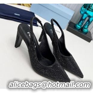 Best Grade Prada Crystal Allover Slingback Pumps 8.5cm Black 118010