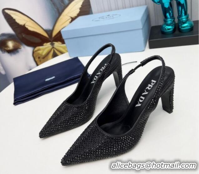 Best Grade Prada Crystal Allover Slingback Pumps 8.5cm Black 118010