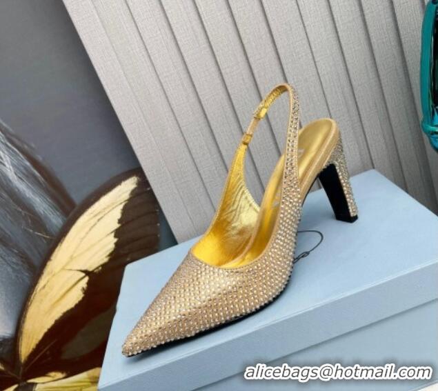 Low Price Prada Crystal Allover Slingback Pumps 8.5cm Gold 118011