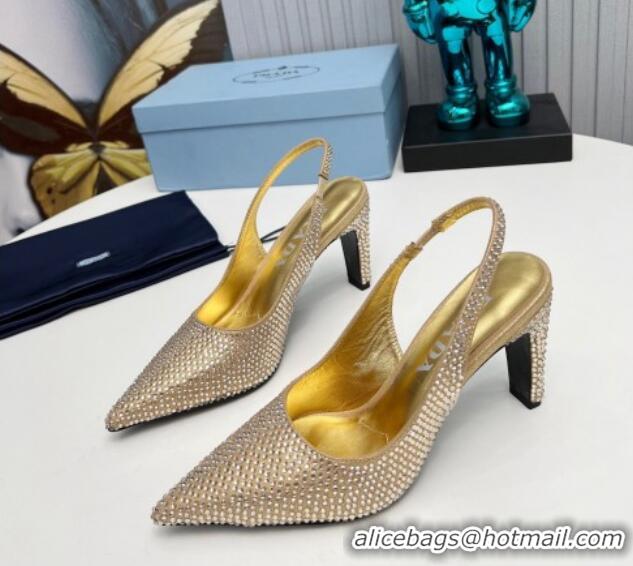 Low Price Prada Crystal Allover Slingback Pumps 8.5cm Gold 118011