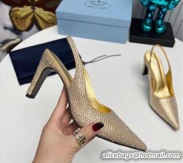 Low Price Prada Crystal Allover Slingback Pumps 8.5cm Gold 118011