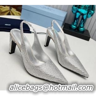 Unique Style Prada Crystal Allover Slingback Pumps 8.5cm Silver 1118012