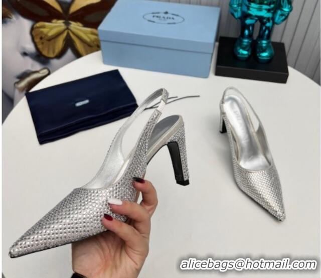 Unique Style Prada Crystal Allover Slingback Pumps 8.5cm Silver 1118012