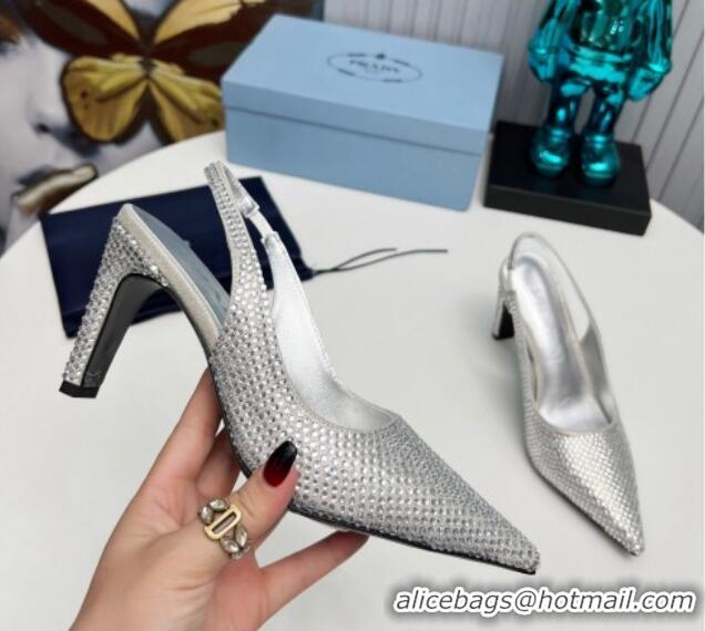 Unique Style Prada Crystal Allover Slingback Pumps 8.5cm Silver 1118012