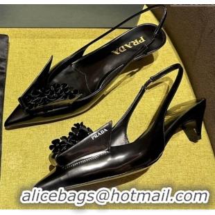 Lower Price Prada Brushed leather slingback pumps 4.5cm with floral appliques Black 202040