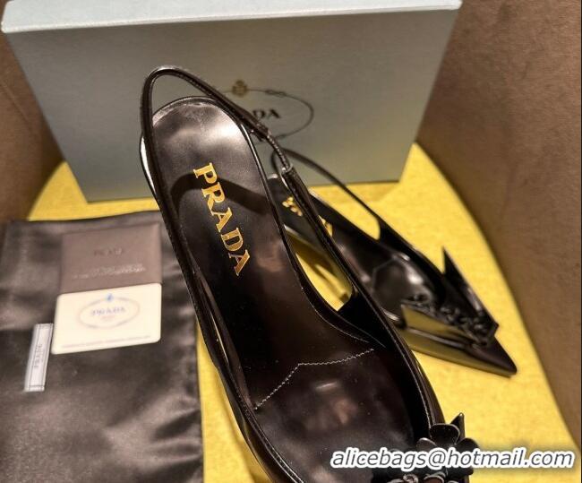 Lower Price Prada Brushed leather slingback pumps 4.5cm with floral appliques Black 202040