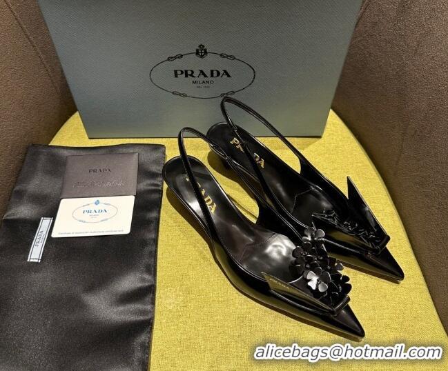 Lower Price Prada Brushed leather slingback pumps 4.5cm with floral appliques Black 202040