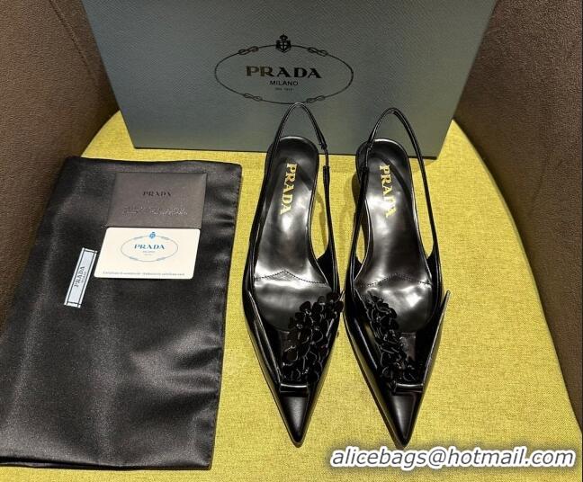 Lower Price Prada Brushed leather slingback pumps 4.5cm with floral appliques Black 202040