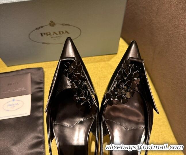 Lower Price Prada Brushed leather slingback pumps 4.5cm with floral appliques Black 202040