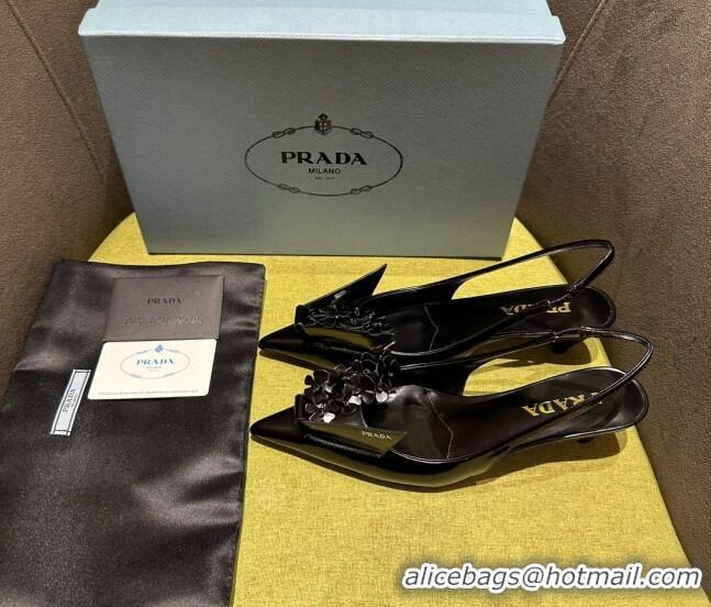 Lower Price Prada Brushed leather slingback pumps 4.5cm with floral appliques Black 202040