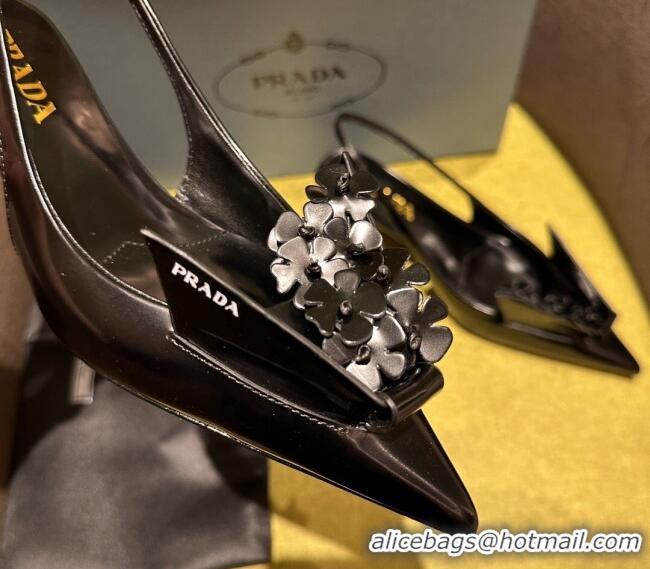 Lower Price Prada Brushed leather slingback pumps 4.5cm with floral appliques Black 202040