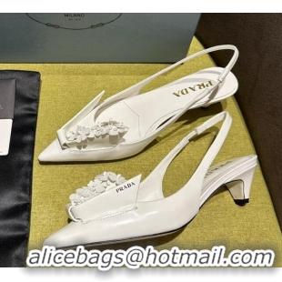 Stylish Prada Brushed leather slingback pumps 4.5cm with floral appliques White 1202041