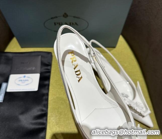 Stylish Prada Brushed leather slingback pumps 4.5cm with floral appliques White 1202041