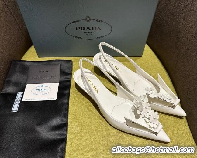 Stylish Prada Brushed leather slingback pumps 4.5cm with floral appliques White 1202041