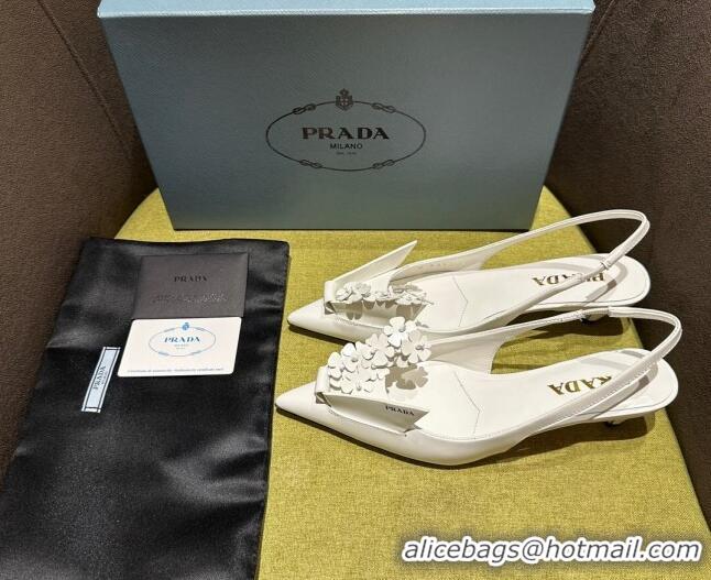 Stylish Prada Brushed leather slingback pumps 4.5cm with floral appliques White 1202041