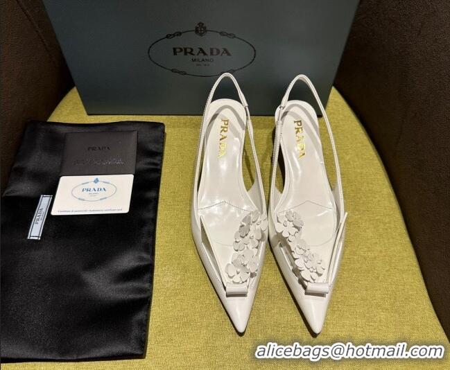 Stylish Prada Brushed leather slingback pumps 4.5cm with floral appliques White 1202041