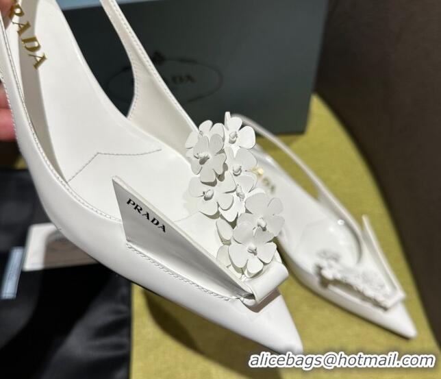 Stylish Prada Brushed leather slingback pumps 4.5cm with floral appliques White 1202041