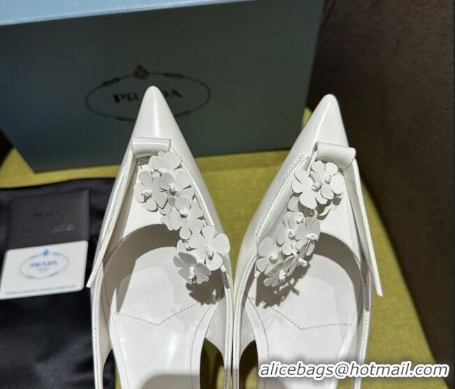 Stylish Prada Brushed leather slingback pumps 4.5cm with floral appliques White 1202041