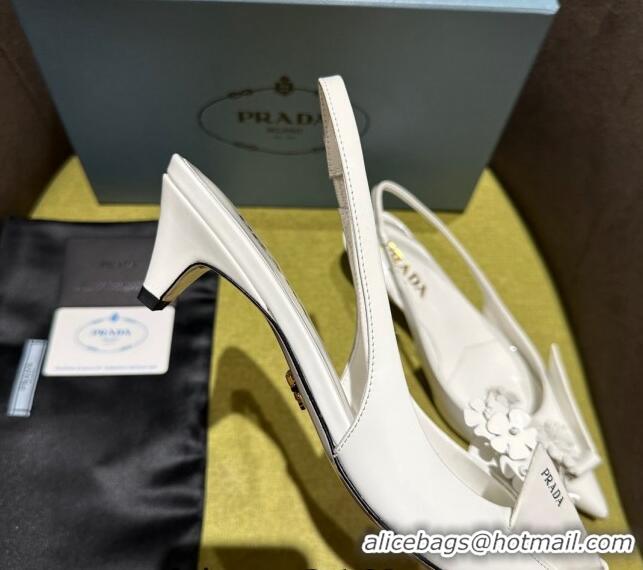 Stylish Prada Brushed leather slingback pumps 4.5cm with floral appliques White 1202041