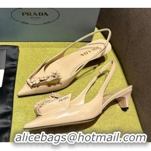 Discount Prada Brushed leather slingback pumps 4.5cm with floral appliques Nude 202042 