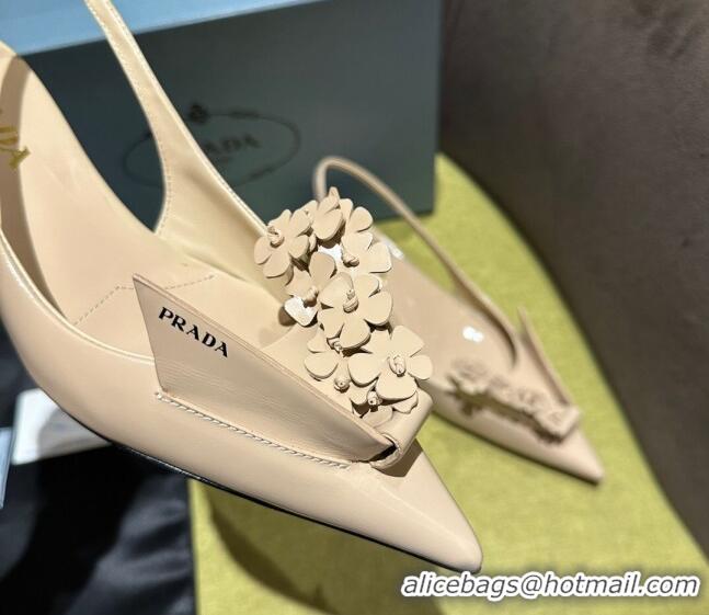 Discount Prada Brushed leather slingback pumps 4.5cm with floral appliques Nude 202042 