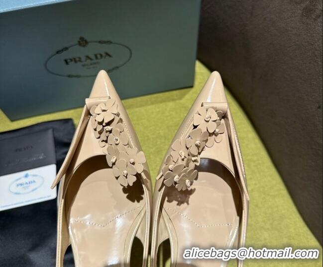 Discount Prada Brushed leather slingback pumps 4.5cm with floral appliques Nude 202042 