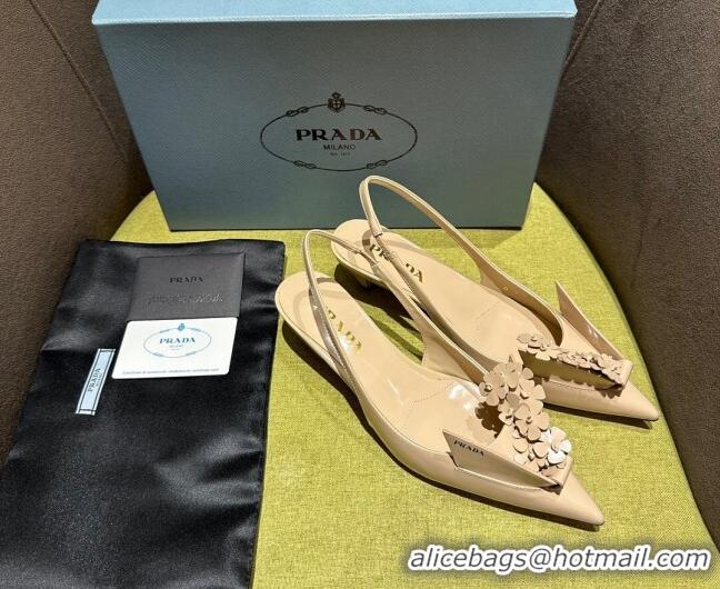 Discount Prada Brushed leather slingback pumps 4.5cm with floral appliques Nude 202042 