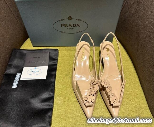 Discount Prada Brushed leather slingback pumps 4.5cm with floral appliques Nude 202042 