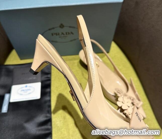 Discount Prada Brushed leather slingback pumps 4.5cm with floral appliques Nude 202042 