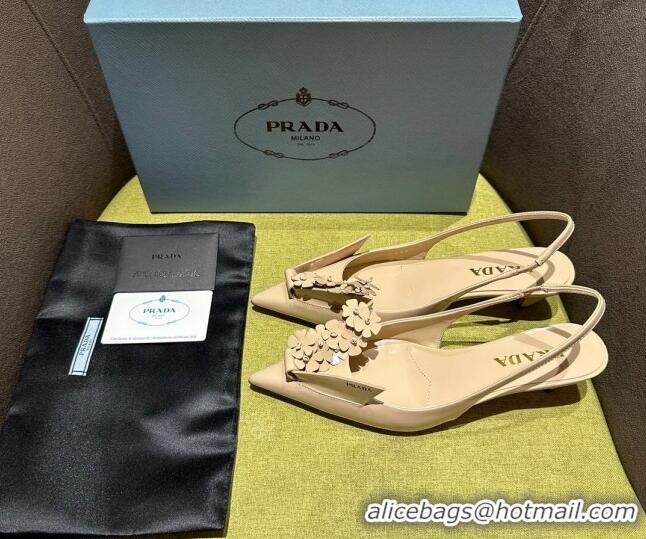 Discount Prada Brushed leather slingback pumps 4.5cm with floral appliques Nude 202042 