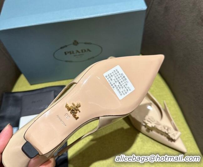 Discount Prada Brushed leather slingback pumps 4.5cm with floral appliques Nude 202042 