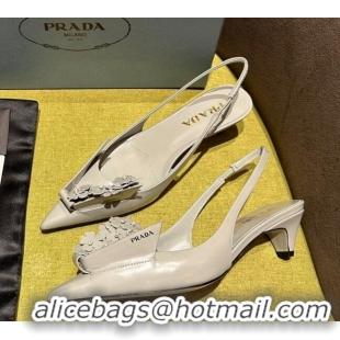 Cheap Price Prada Brushed leather slingback pumps 4.5cm with floral appliques Grey 202043