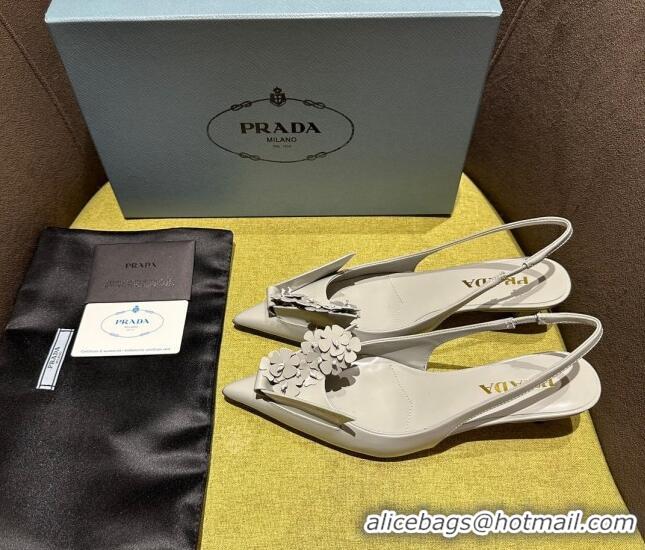 Cheap Price Prada Brushed leather slingback pumps 4.5cm with floral appliques Grey 202043