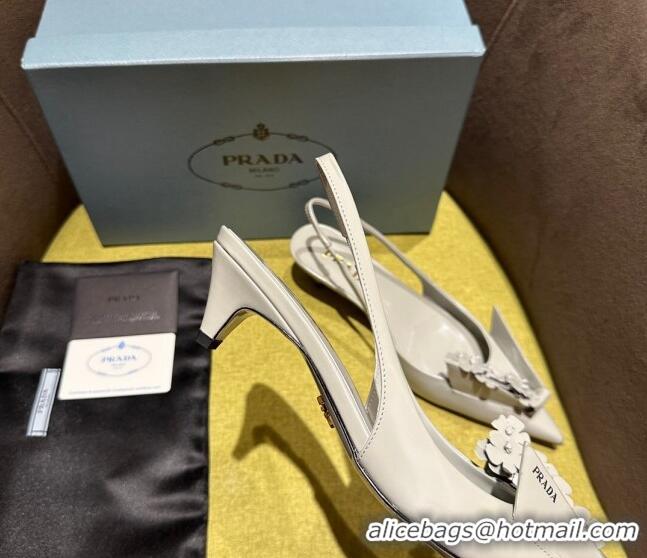 Cheap Price Prada Brushed leather slingback pumps 4.5cm with floral appliques Grey 202043