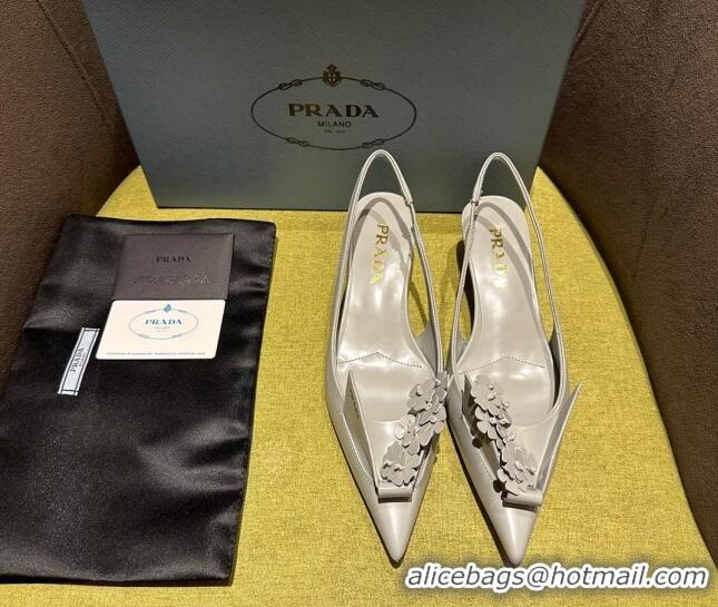 Cheap Price Prada Brushed leather slingback pumps 4.5cm with floral appliques Grey 202043