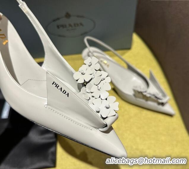 Cheap Price Prada Brushed leather slingback pumps 4.5cm with floral appliques Grey 202043