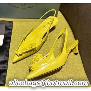 Stylish Prada Brushed leather slingback pumps 4.5cm with floral appliques Yellow 202044