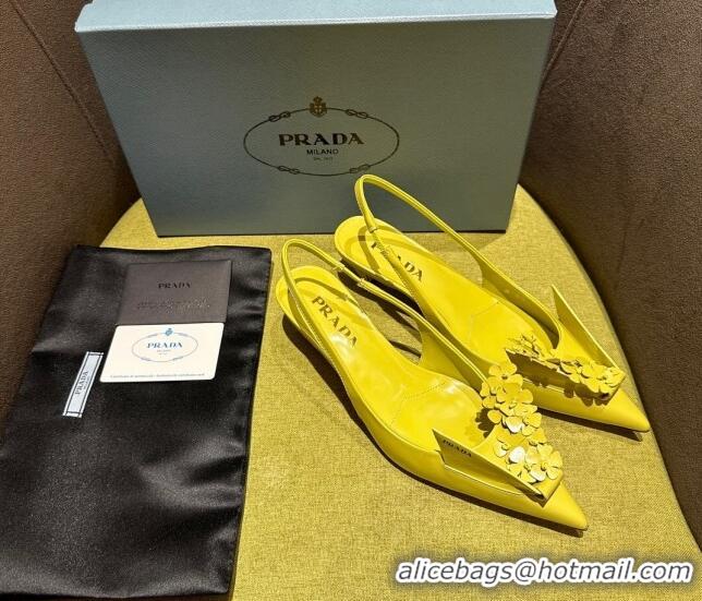 Stylish Prada Brushed leather slingback pumps 4.5cm with floral appliques Yellow 202044