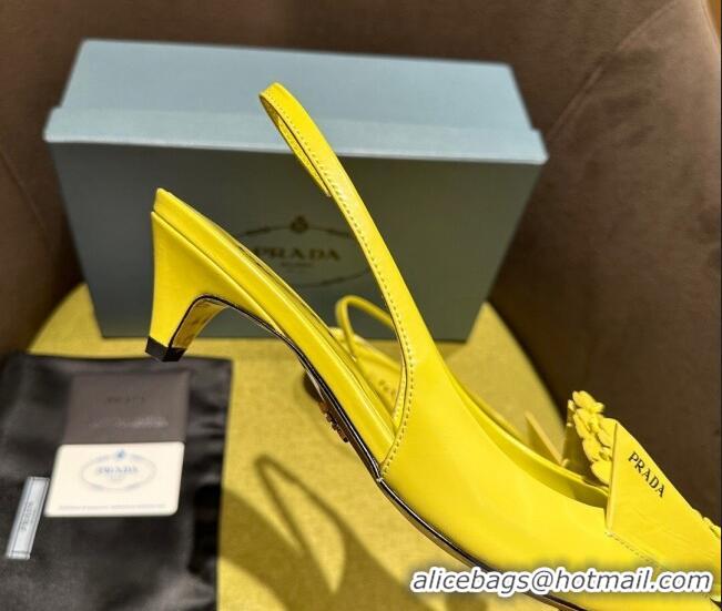 Stylish Prada Brushed leather slingback pumps 4.5cm with floral appliques Yellow 202044