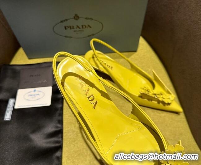 Stylish Prada Brushed leather slingback pumps 4.5cm with floral appliques Yellow 202044