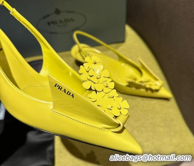 Stylish Prada Brushed leather slingback pumps 4.5cm with floral appliques Yellow 202044