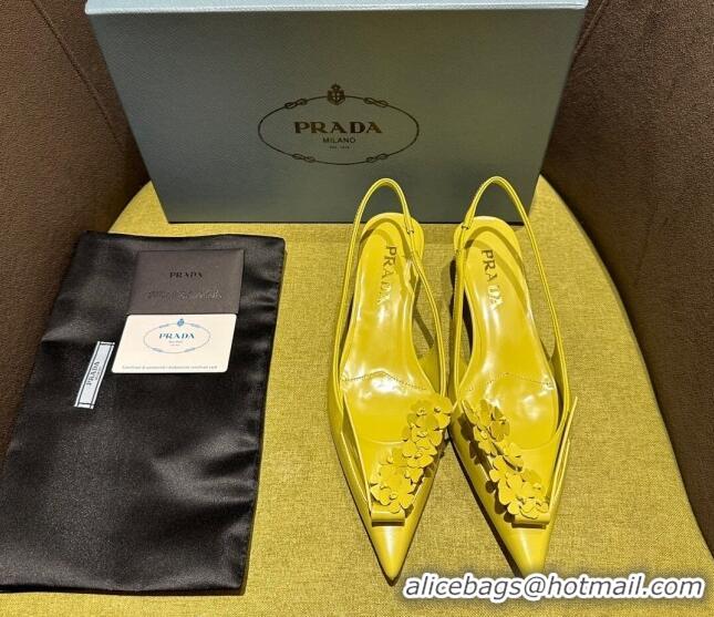 Stylish Prada Brushed leather slingback pumps 4.5cm with floral appliques Yellow 202044