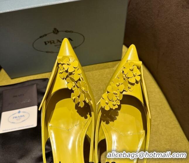 Stylish Prada Brushed leather slingback pumps 4.5cm with floral appliques Yellow 202044