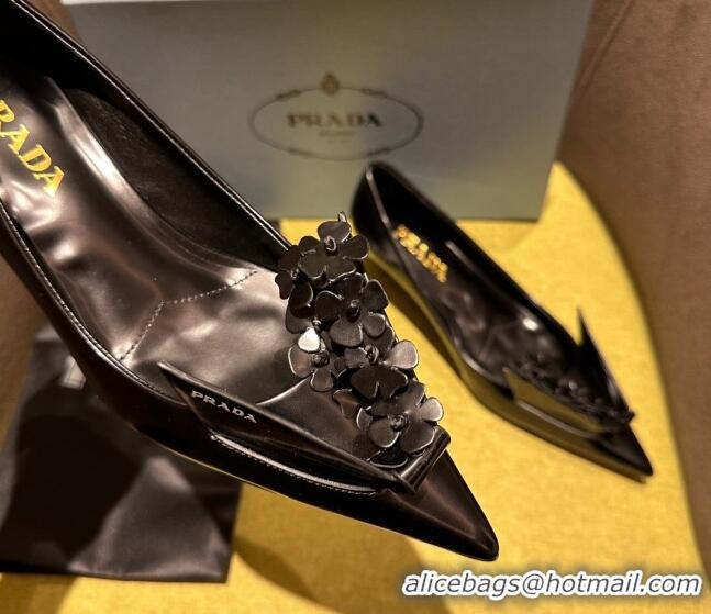 Sumptuous Prada Brushed leather pumps 4.5cm with floral appliques Black 202045