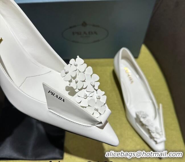 Sophisticated Prada Brushed leather pumps 4.5cm with floral appliques White 202046