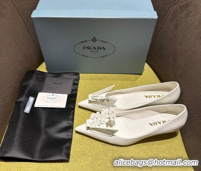 Sophisticated Prada Brushed leather pumps 4.5cm with floral appliques White 202046