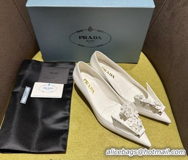 Sophisticated Prada Brushed leather pumps 4.5cm with floral appliques White 202046