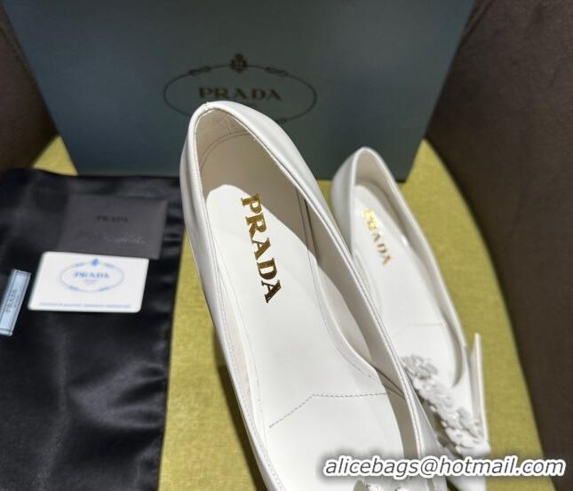 Sophisticated Prada Brushed leather pumps 4.5cm with floral appliques White 202046